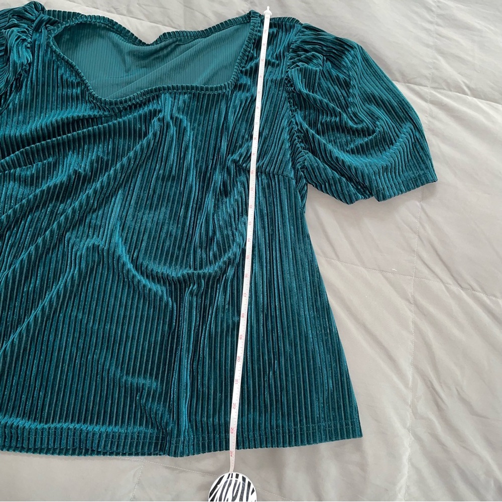 Shein Teal Green Velvet Burnout Stripes Women's Top with Puff Sleeve Size 2X - Picture 10 of 11